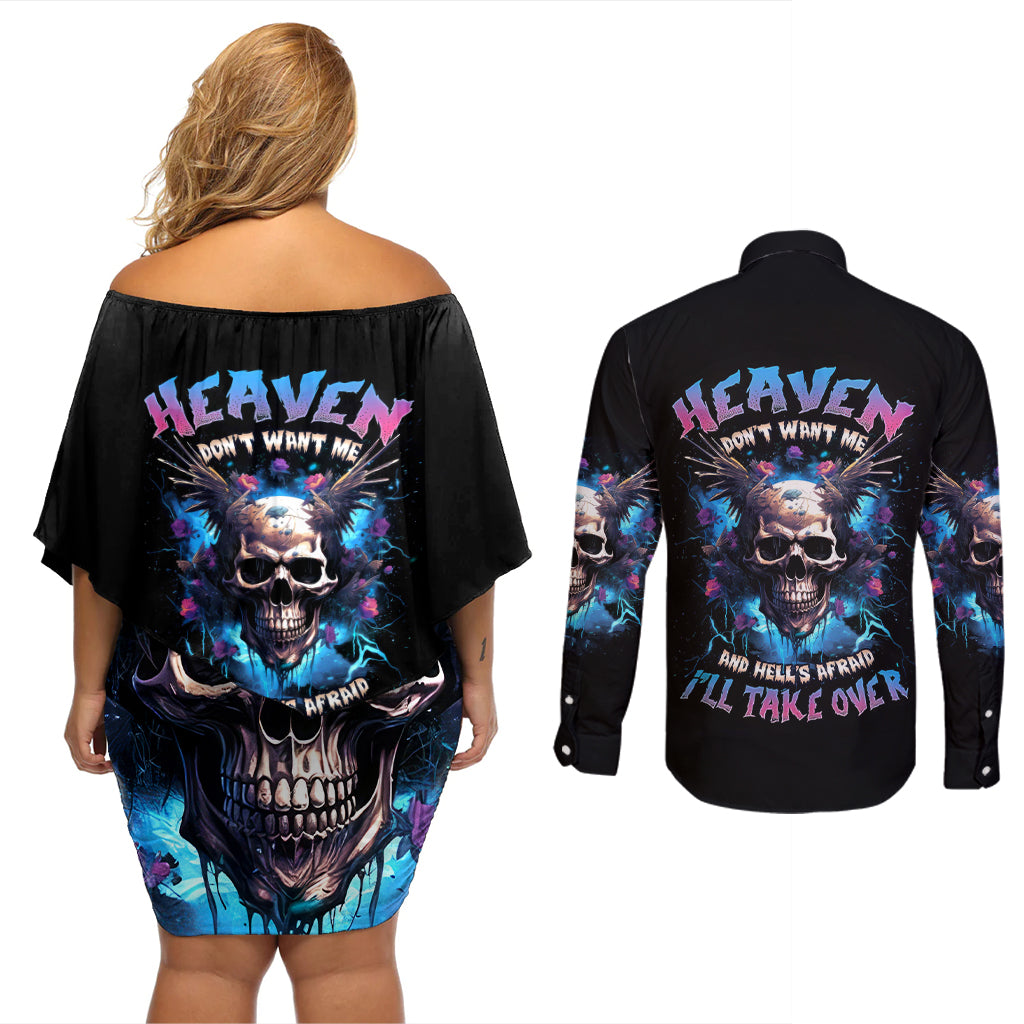 Wings Skull Couples Matching Off Shoulder Short Dress and Long Sleeve Button Shirt Heaven Don't Want Me Hell Afraid I Take Over - Wonder Print Shop