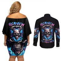 Wings Skull Couples Matching Off Shoulder Short Dress and Long Sleeve Button Shirt Heaven Don't Want Me Hell Afraid I Take Over - Wonder Print Shop