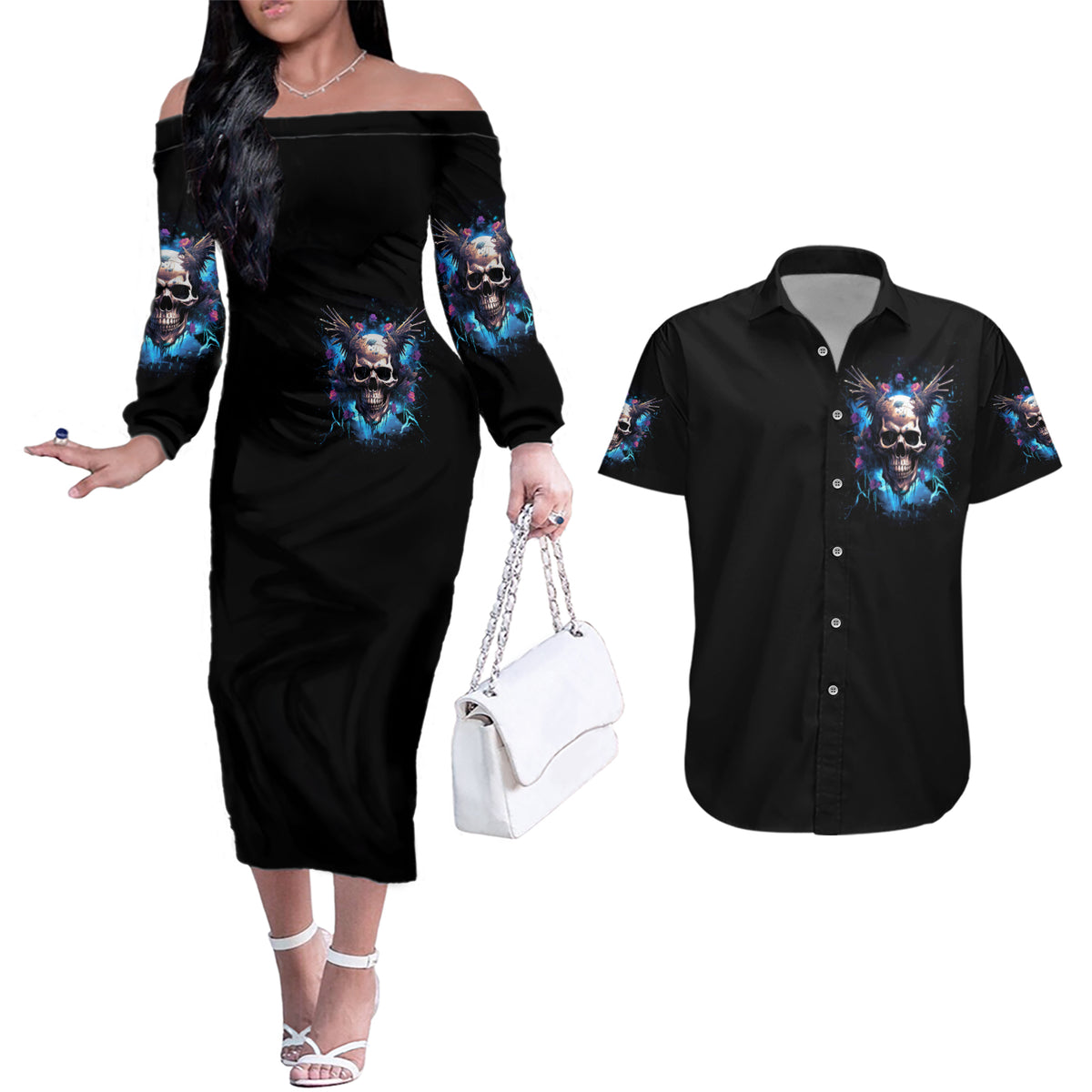 Wings Skull Couples Matching Off The Shoulder Long Sleeve Dress and Hawaiian Shirt Heaven Don't Want Me Hell Afraid I Take Over - Wonder Print Shop