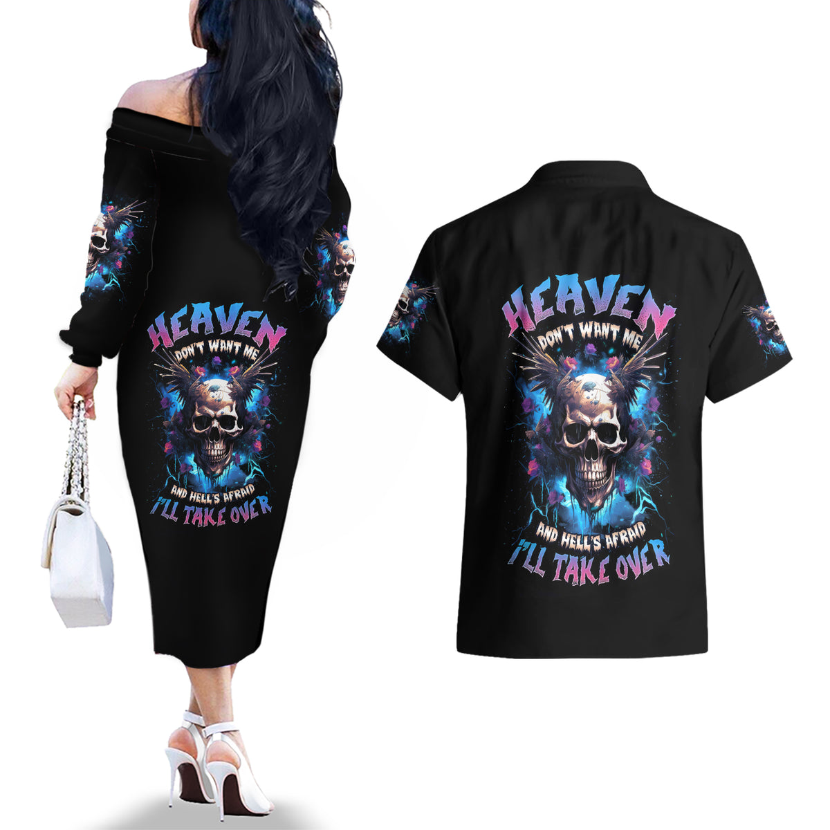 Wings Skull Couples Matching Off The Shoulder Long Sleeve Dress and Hawaiian Shirt Heaven Don't Want Me Hell Afraid I Take Over - Wonder Print Shop