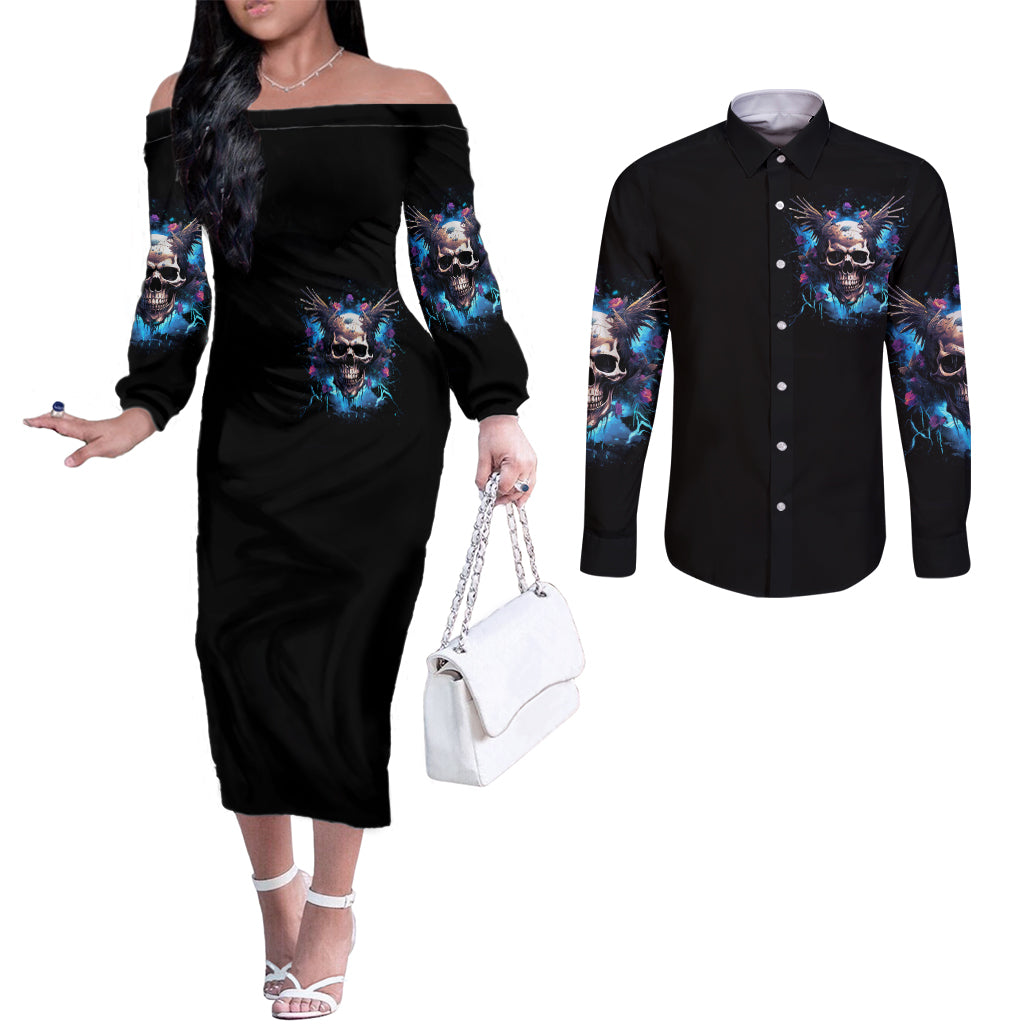 Wings Skull Couples Matching Off The Shoulder Long Sleeve Dress and Long Sleeve Button Shirt Heaven Don't Want Me Hell Afraid I Take Over DT01