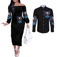 Wings Skull Couples Matching Off The Shoulder Long Sleeve Dress and Long Sleeve Button Shirt Heaven Don't Want Me Hell Afraid I Take Over DT01