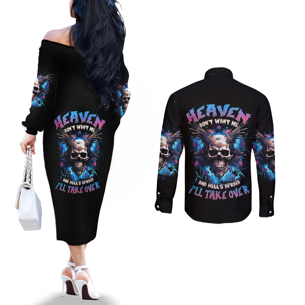Wings Skull Couples Matching Off The Shoulder Long Sleeve Dress and Long Sleeve Button Shirt Heaven Don't Want Me Hell Afraid I Take Over DT01
