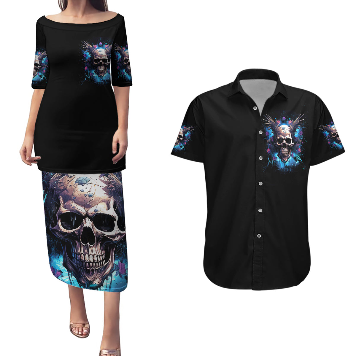 Wings Skull Couples Matching Puletasi Dress and Hawaiian Shirt Heaven Don't Want Me Hell Afraid I Take Over - Wonder Print Shop