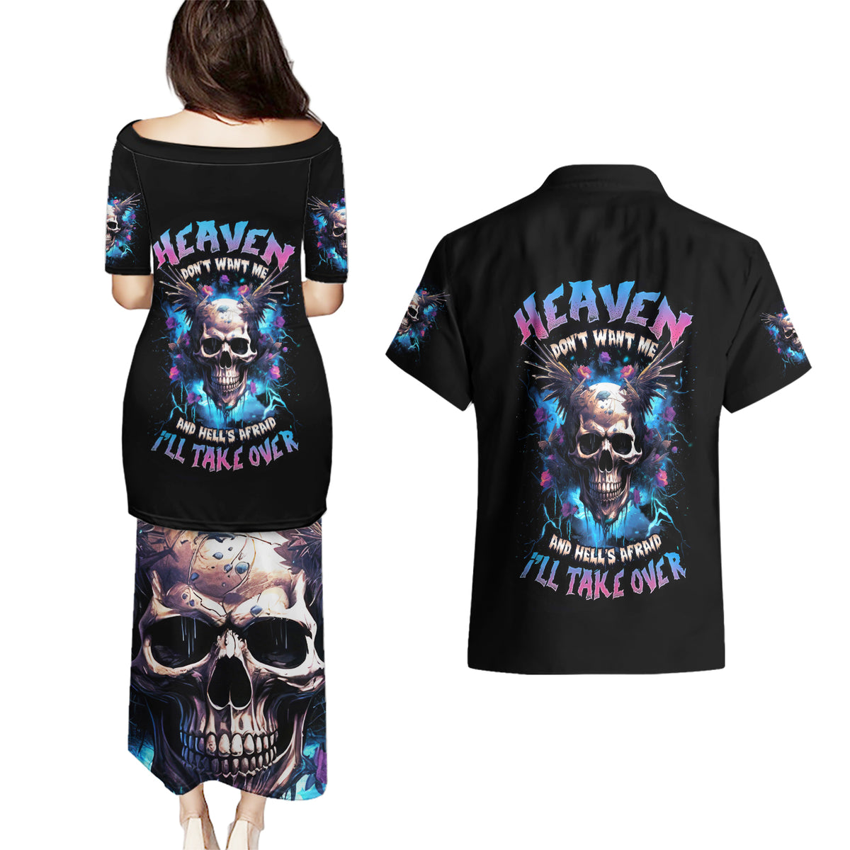 Wings Skull Couples Matching Puletasi Dress and Hawaiian Shirt Heaven Don't Want Me Hell Afraid I Take Over - Wonder Print Shop