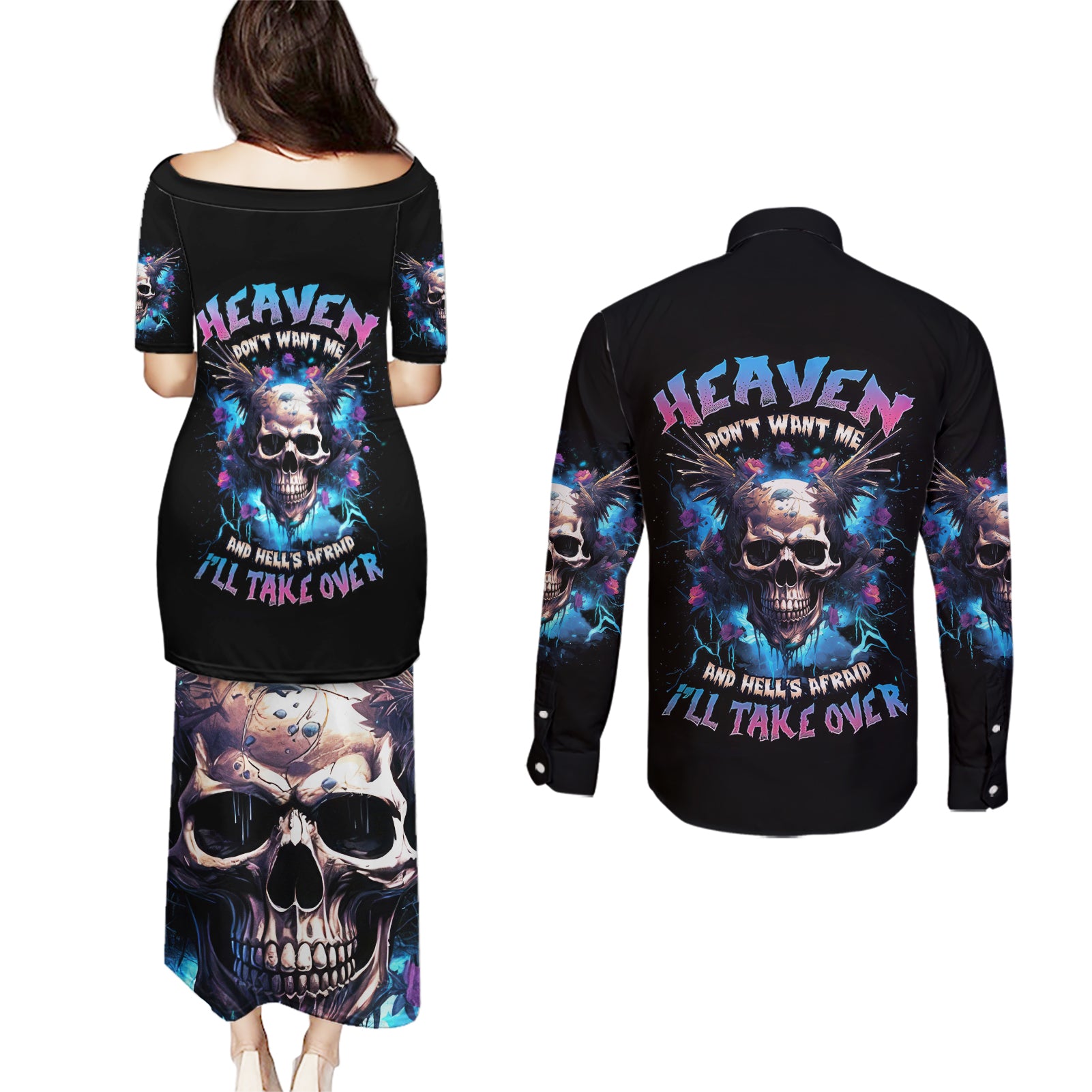 Wings Skull Couples Matching Puletasi Dress and Long Sleeve Button Shirt Heaven Don't Want Me Hell Afraid I Take Over - Wonder Print Shop