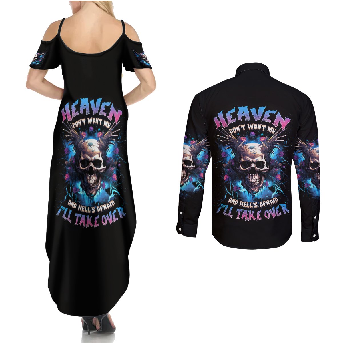Wings Skull Couples Matching Summer Maxi Dress and Long Sleeve Button Shirt Heaven Don't Want Me Hell Afraid I Take Over - Wonder Print Shop
