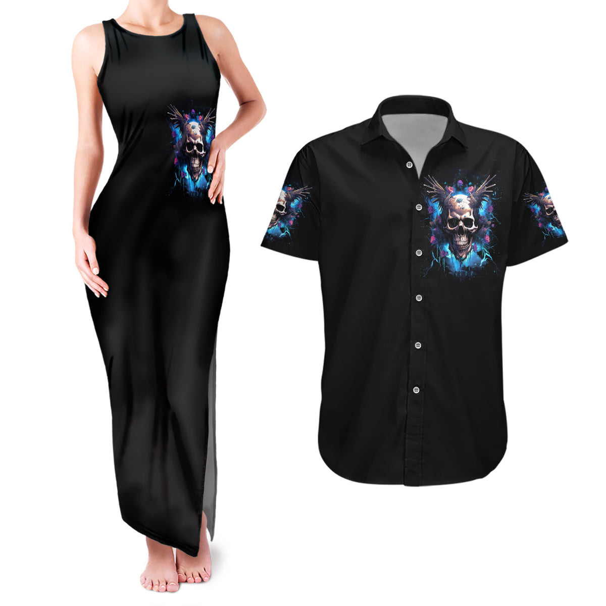 Wings Skull Couples Matching Tank Maxi Dress and Hawaiian Shirt Heaven Don't Want Me Hell Afraid I Take Over - Wonder Print Shop