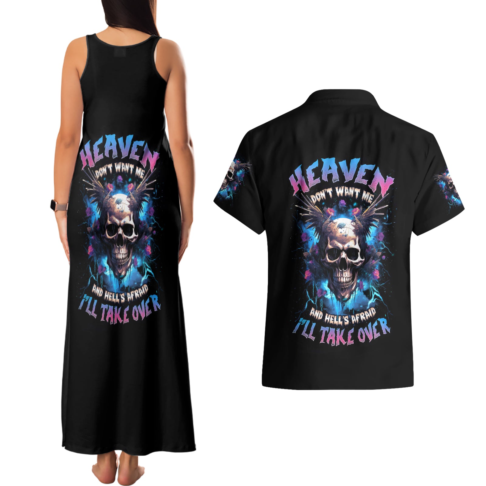 Wings Skull Couples Matching Tank Maxi Dress and Hawaiian Shirt Heaven Don't Want Me Hell Afraid I Take Over - Wonder Print Shop