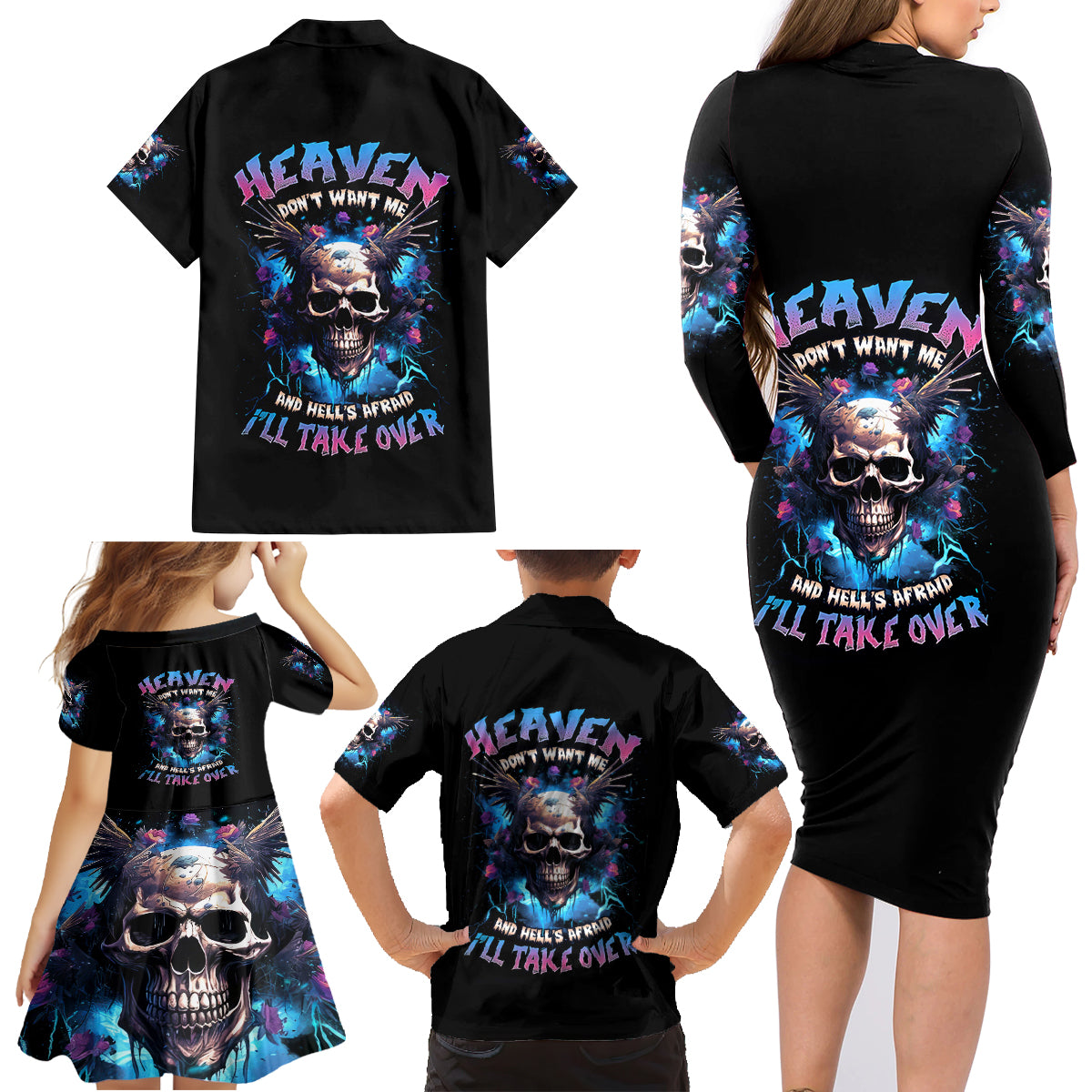 Wings Skull Family Matching Long Sleeve Bodycon Dress and Hawaiian Shirt Heaven Don't Want Me Hell Afraid I Take Over - Wonder Print Shop