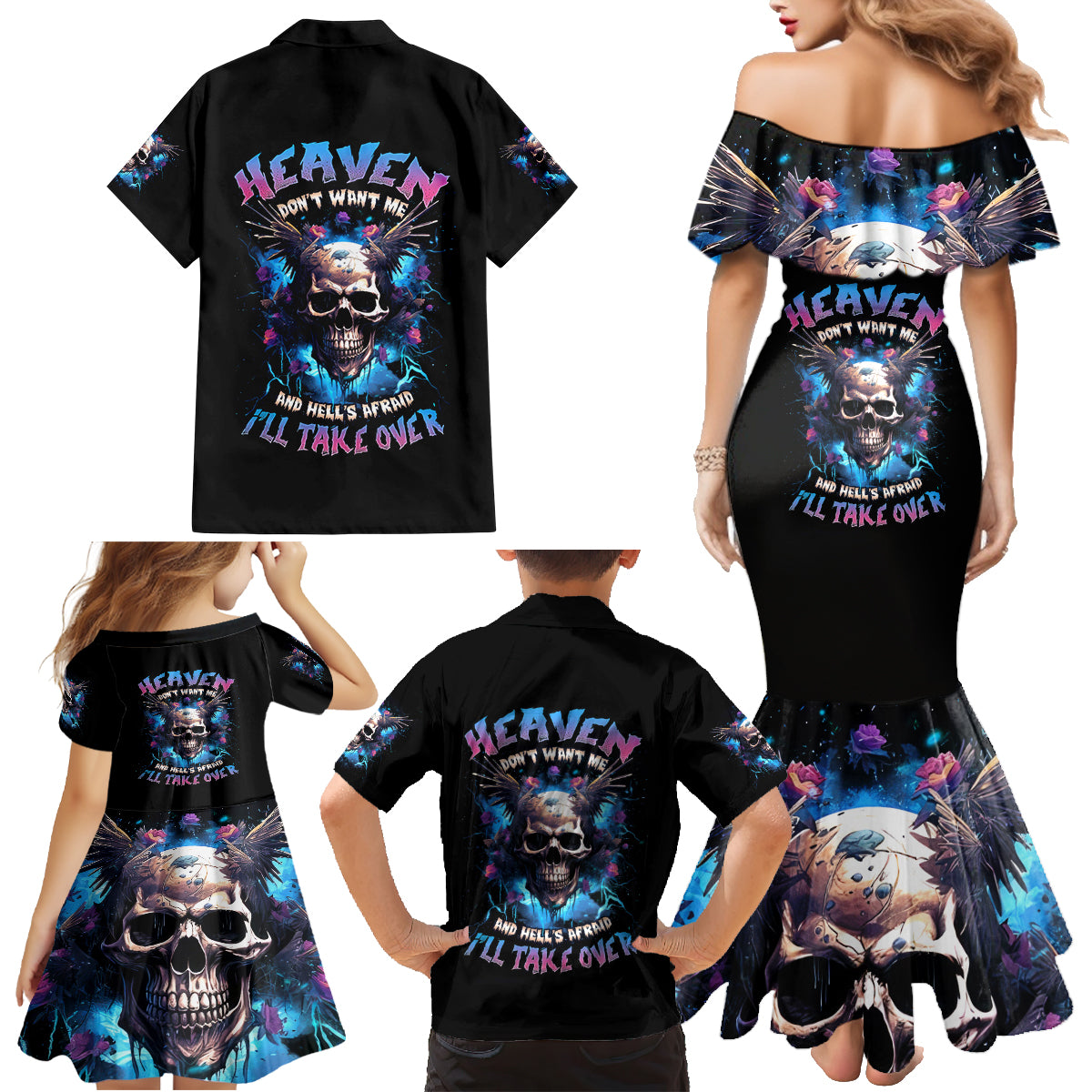 Wings Skull Family Matching Mermaid Dress and Hawaiian Shirt Heaven Don't Want Me Hell Afraid I Take Over - Wonder Print Shop