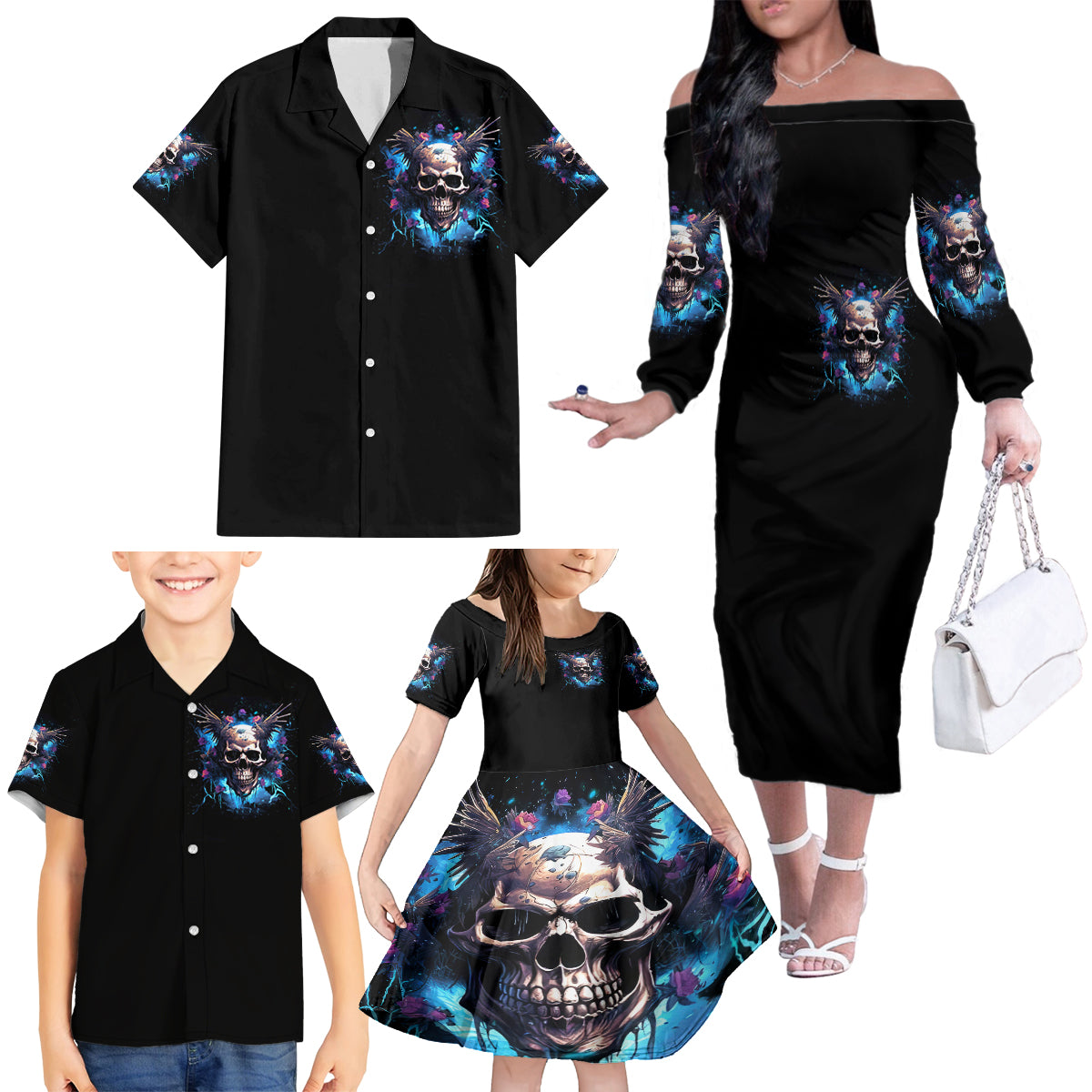 Wings Skull Family Matching Off Shoulder Long Sleeve Dress and Hawaiian Shirt Heaven Don't Want Me Hell Afraid I Take Over - Wonder Print Shop
