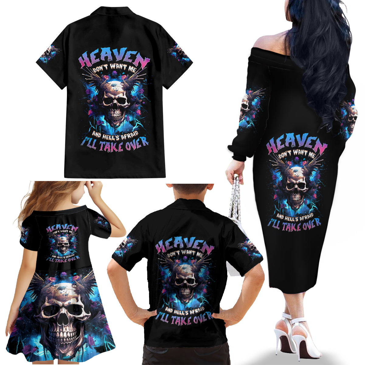 Wings Skull Family Matching Off Shoulder Long Sleeve Dress and Hawaiian Shirt Heaven Don't Want Me Hell Afraid I Take Over - Wonder Print Shop