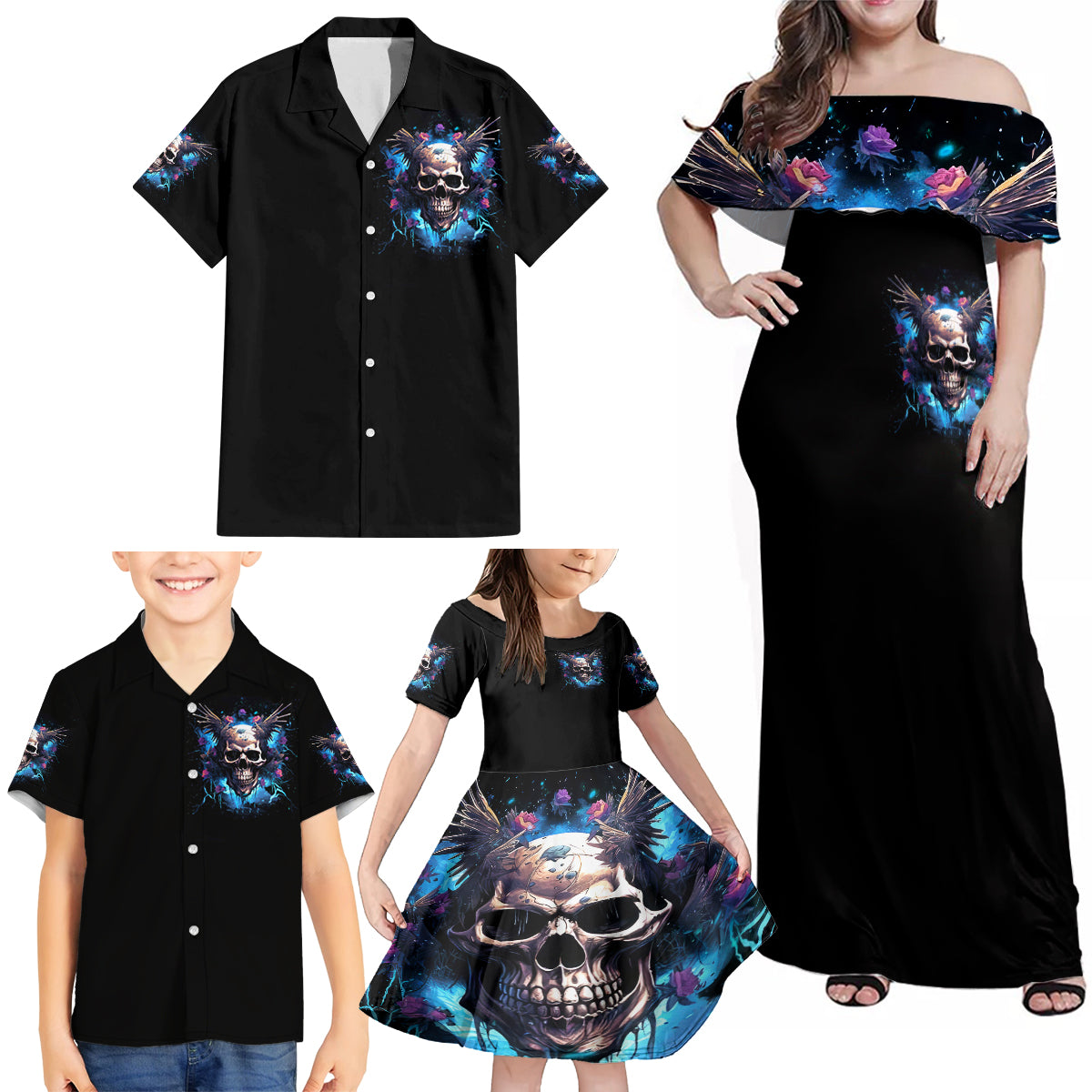 Wings Skull Family Matching Off Shoulder Maxi Dress and Hawaiian Shirt Heaven Don't Want Me Hell Afraid I Take Over - Wonder Print Shop