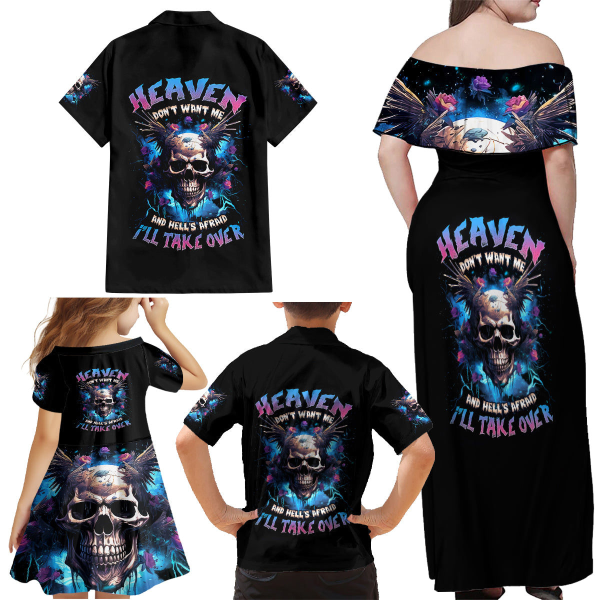 Wings Skull Family Matching Off Shoulder Maxi Dress and Hawaiian Shirt Heaven Don't Want Me Hell Afraid I Take Over - Wonder Print Shop
