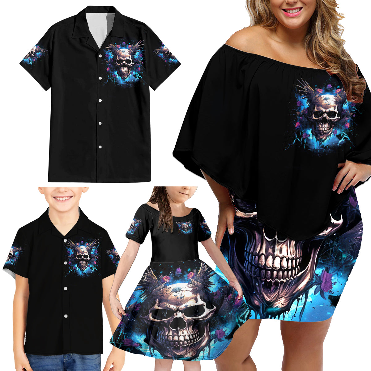 Wings Skull Family Matching Off Shoulder Short Dress and Hawaiian Shirt Heaven Don't Want Me Hell Afraid I Take Over - Wonder Print Shop