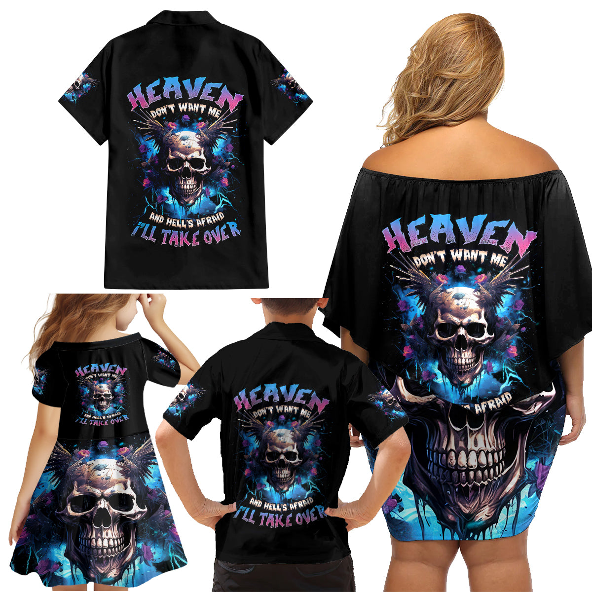Wings Skull Family Matching Off Shoulder Short Dress and Hawaiian Shirt Heaven Don't Want Me Hell Afraid I Take Over - Wonder Print Shop