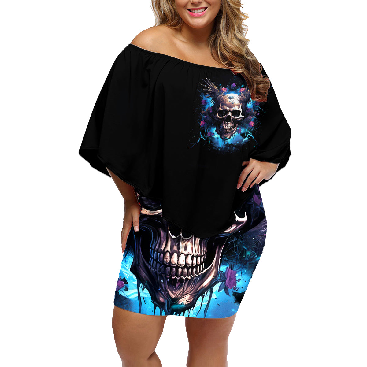 Wings Skull Family Matching Off Shoulder Short Dress and Hawaiian Shirt Heaven Don't Want Me Hell Afraid I Take Over - Wonder Print Shop