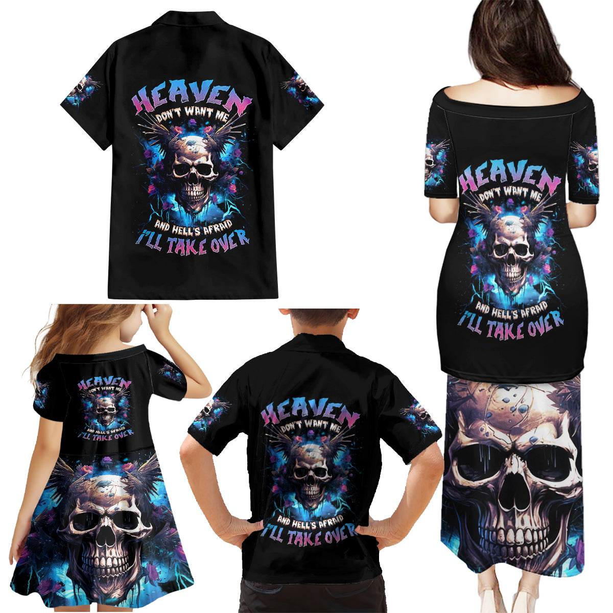 Wings Skull Family Matching Puletasi Dress and Hawaiian Shirt Heaven Don't Want Me Hell Afraid I Take Over - Wonder Print Shop