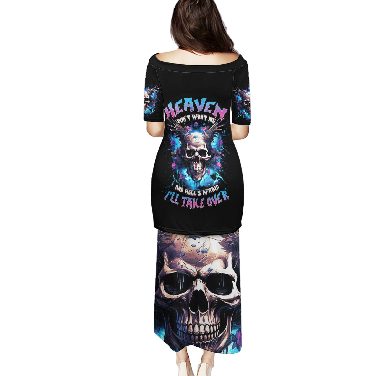 Wings Skull Family Matching Puletasi Dress and Hawaiian Shirt Heaven Don't Want Me Hell Afraid I Take Over - Wonder Print Shop