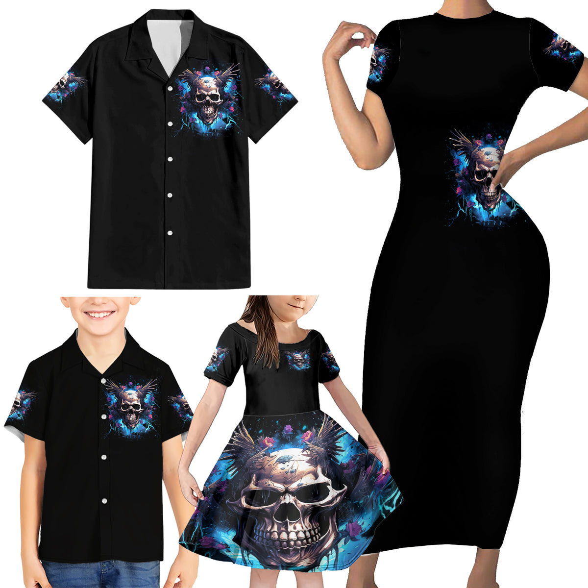Wings Skull Family Matching Short Sleeve Bodycon Dress and Hawaiian Shirt Heaven Don't Want Me Hell Afraid I Take Over - Wonder Print Shop
