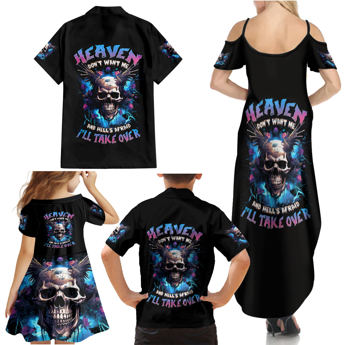 Wings Skull Family Matching Summer Maxi Dress and Hawaiian Shirt Heaven Don't Want Me Hell Afraid I Take Over - Wonder Print Shop