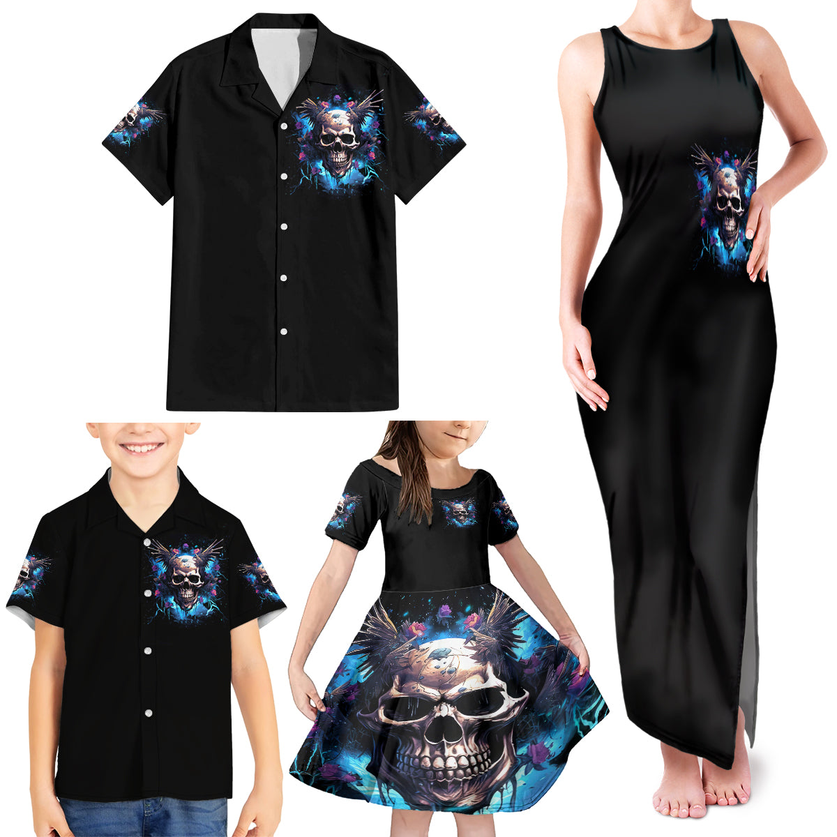 Wings Skull Family Matching Tank Maxi Dress and Hawaiian Shirt Heaven Don't Want Me Hell Afraid I Take Over - Wonder Print Shop
