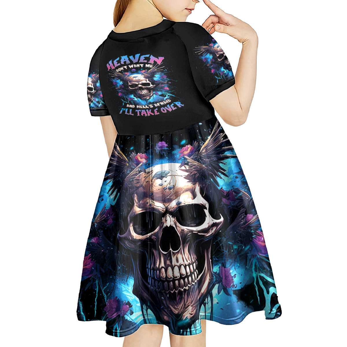 Wings Skull Kid Short Sleeve Dress Heaven Don't Want Me Hell Afraid I Take Over - Wonder Print Shop