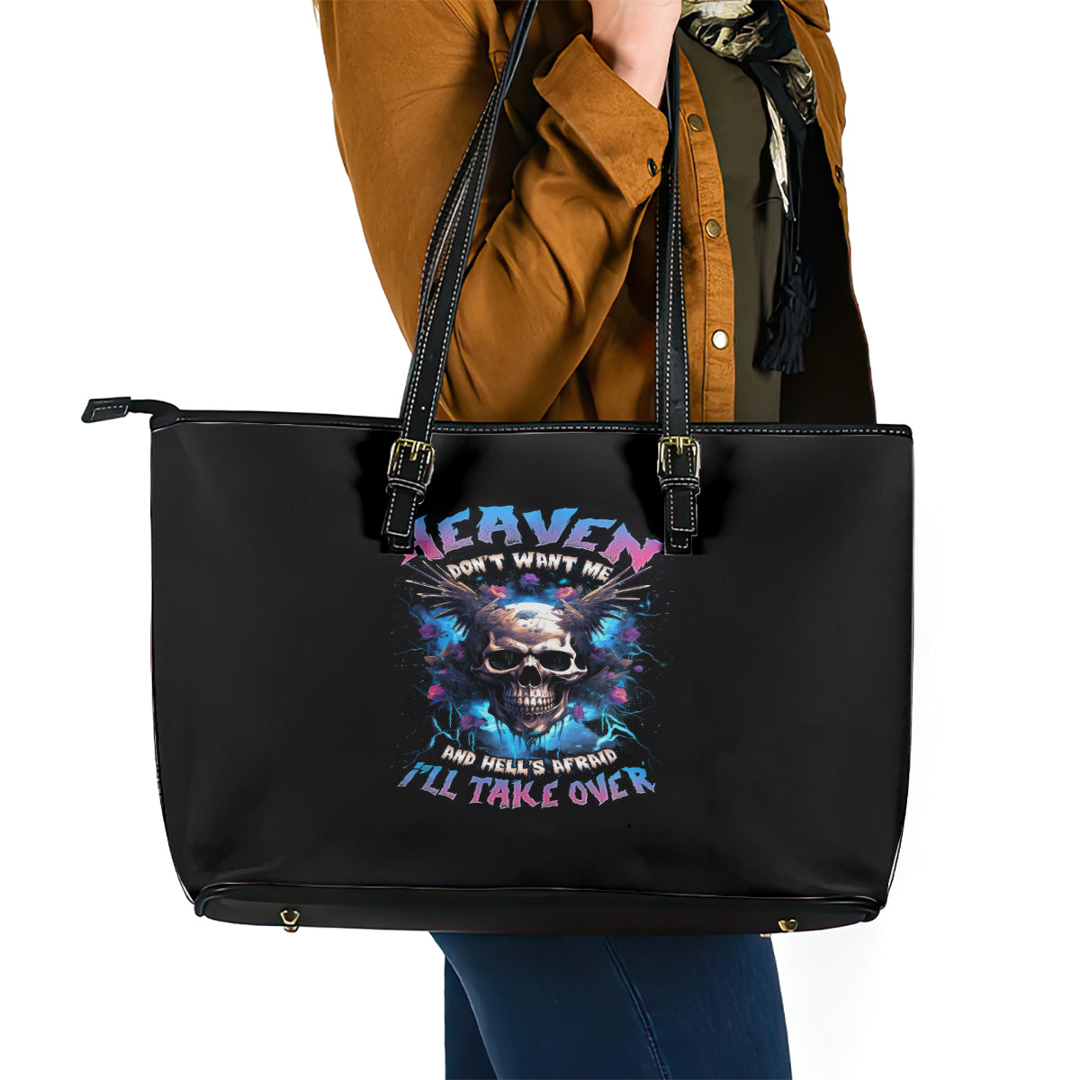 Wings Skull Leather Tote Bag Heaven Don't Want Me Hell Afraid I Take Over - Wonder Print Shop