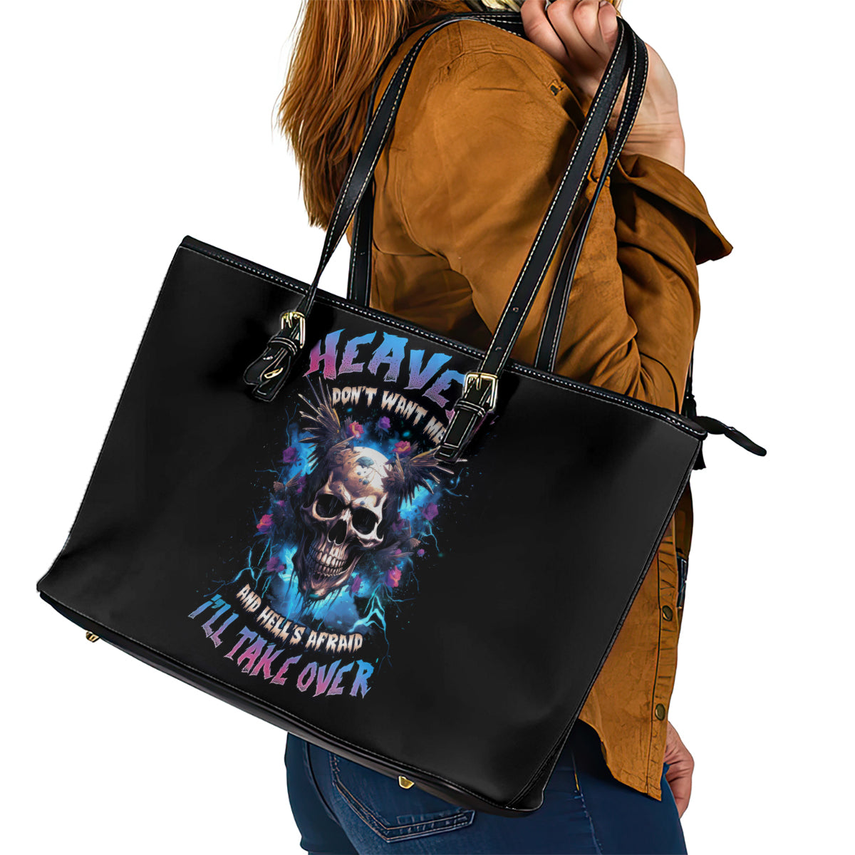 Wings Skull Leather Tote Bag Heaven Don't Want Me Hell Afraid I Take Over - Wonder Print Shop