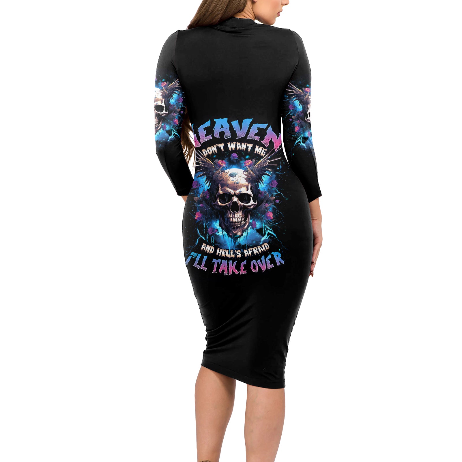 Wings Skull Long Sleeve Bodycon Dress Heaven Don't Want Me Hell Afraid I Take Over - Wonder Print Shop