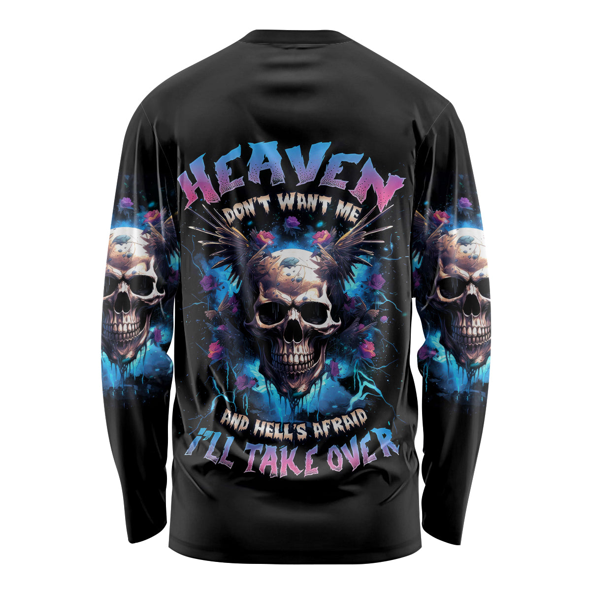 Wings Skull Long Sleeve Shirt Heaven Don't Want Me Hell Afraid I Take Over - Wonder Print Shop
