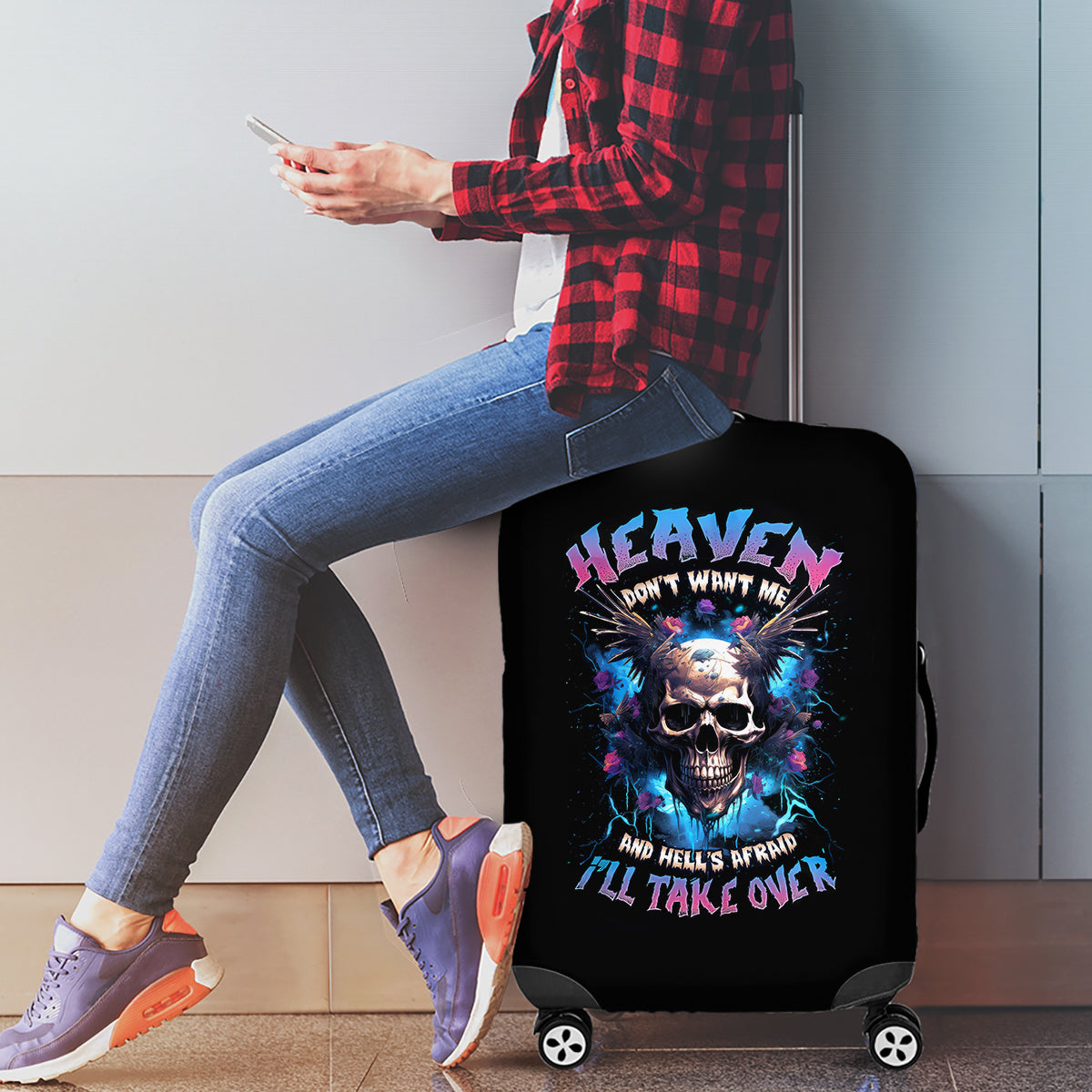 Wings Skull Luggage Cover Heaven Don't Want Me Hell Afraid I Take Over - Wonder Print Shop