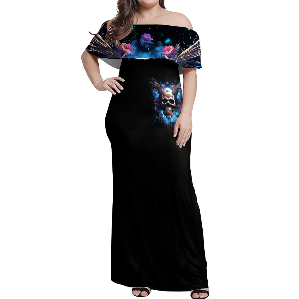 Wings Skull Off Shoulder Maxi Dress Heaven Don't Want Me Hell Afraid I Take Over - Wonder Print Shop