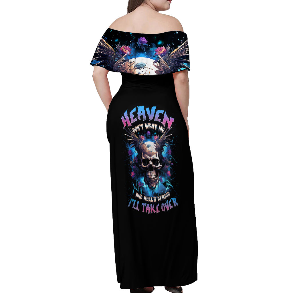 Wings Skull Off Shoulder Maxi Dress Heaven Don't Want Me Hell Afraid I Take Over - Wonder Print Shop