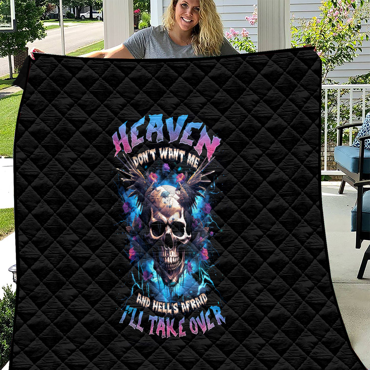 Wings Skull Quilt Heaven Don't Want Me Hell Afraid I Take Over - Wonder Print Shop