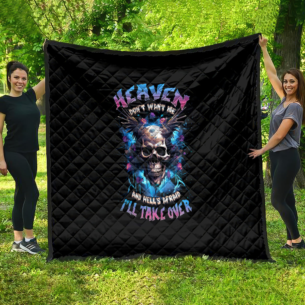 Wings Skull Quilt Heaven Don't Want Me Hell Afraid I Take Over - Wonder Print Shop