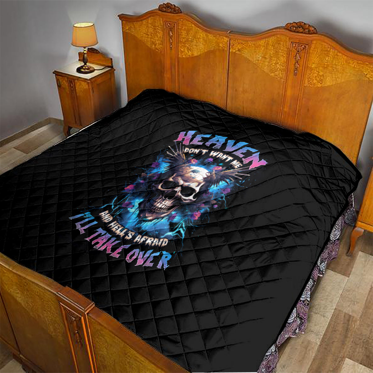 Wings Skull Quilt Heaven Don't Want Me Hell Afraid I Take Over - Wonder Print Shop