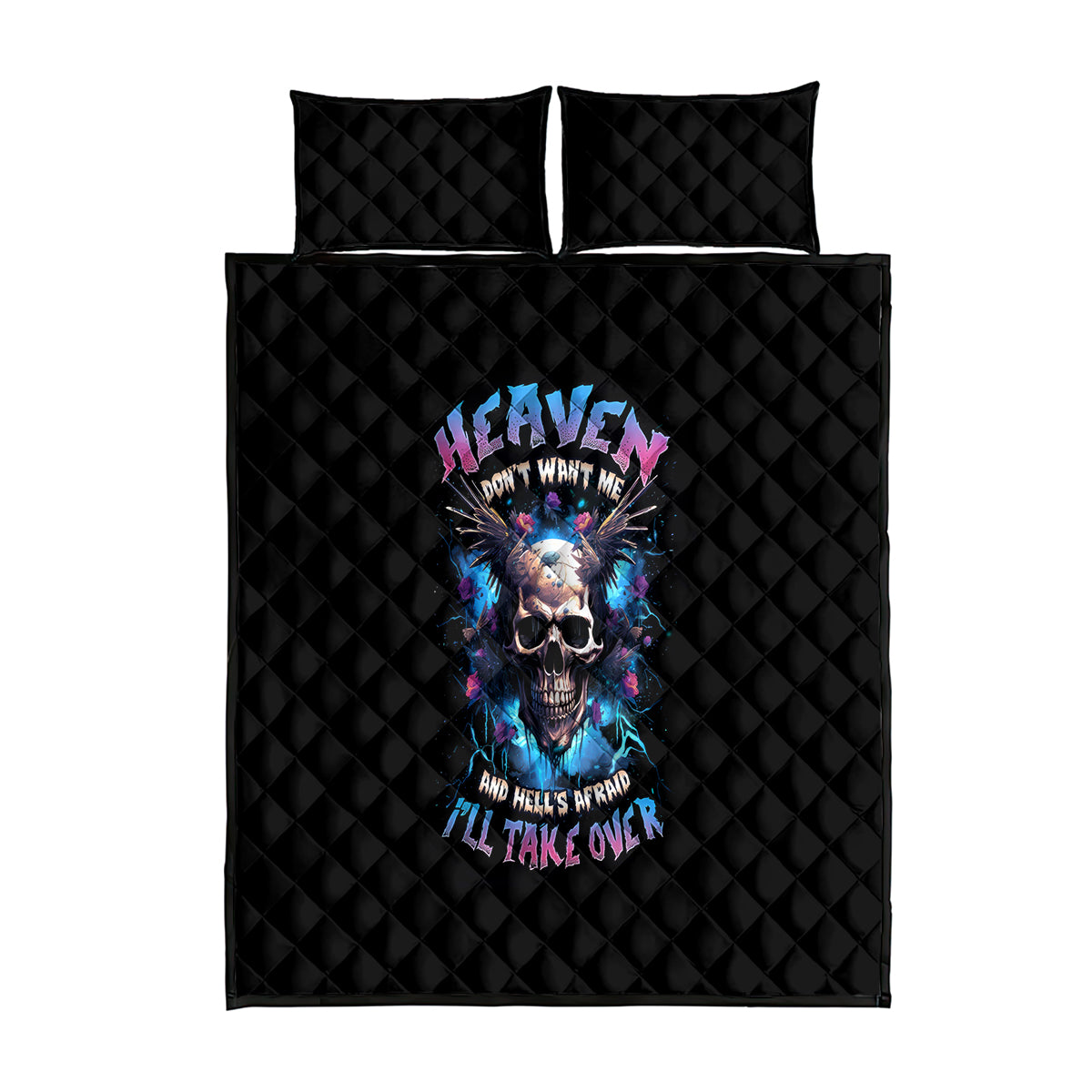 Wings Skull Quilt Bed Set Heaven Don't Want Me Hell Afraid I Take Over - Wonder Print Shop