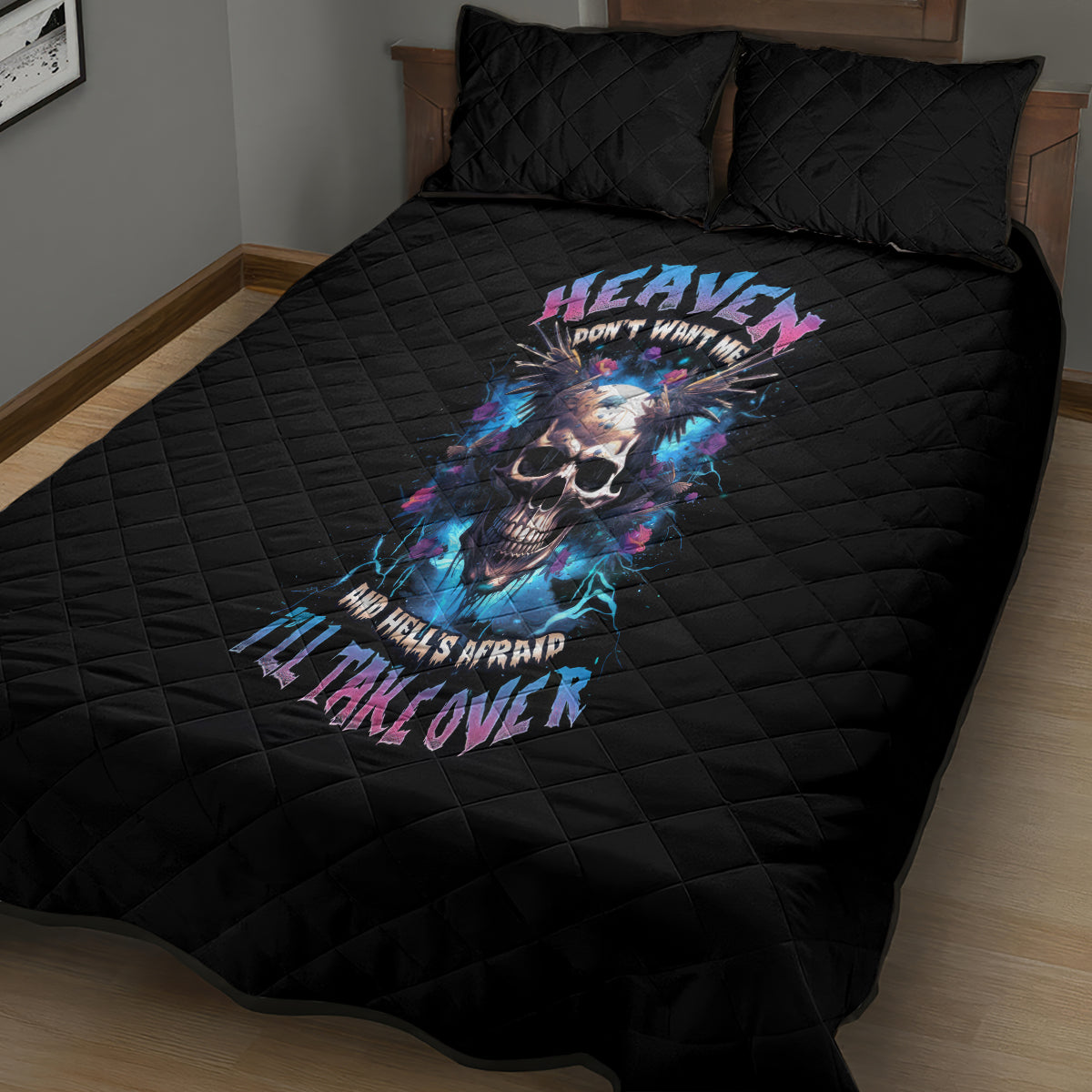 Wings Skull Quilt Bed Set Heaven Don't Want Me Hell Afraid I Take Over - Wonder Print Shop