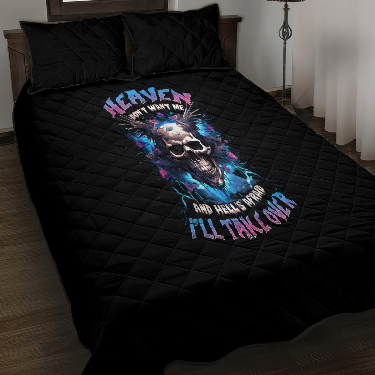 Wings Skull Quilt Bed Set Heaven Don't Want Me Hell Afraid I Take Over - Wonder Print Shop