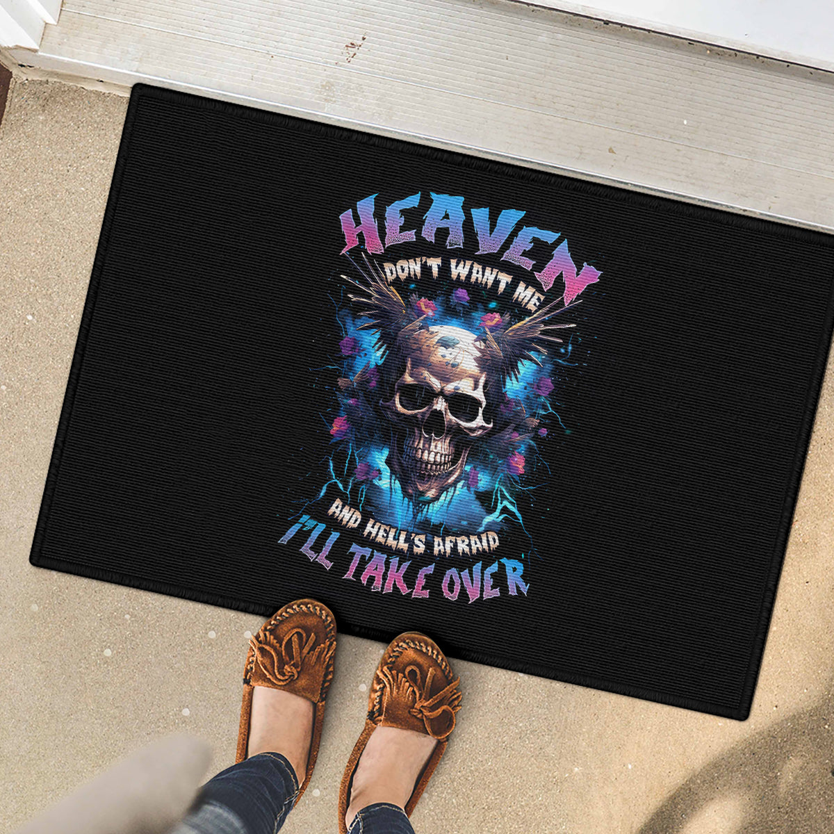 Wings Skull Rubber Doormat Heaven Don't Want Me Hell Afraid I Take Over - Wonder Print Shop