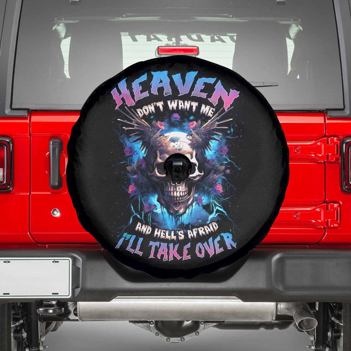 Wings Skull Spare Tire Cover Heaven Don't Want Me Hell Afraid I Take Over - Wonder Print Shop