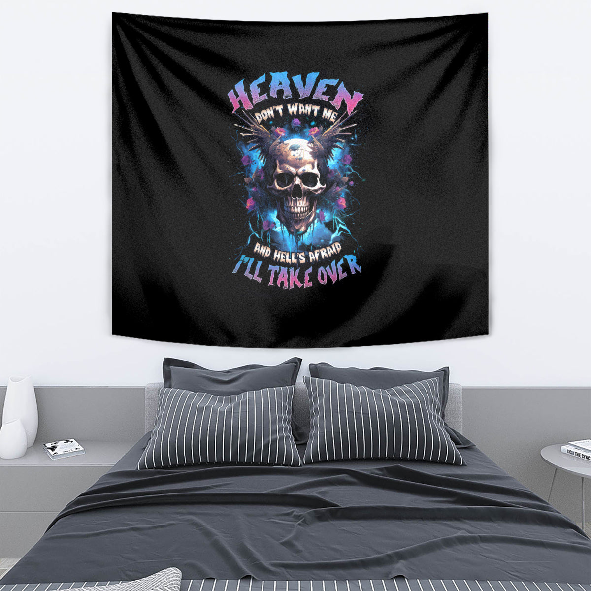 Wings Skull Tapestry Heaven Don't Want Me Hell Afraid I Take Over - Wonder Print Shop