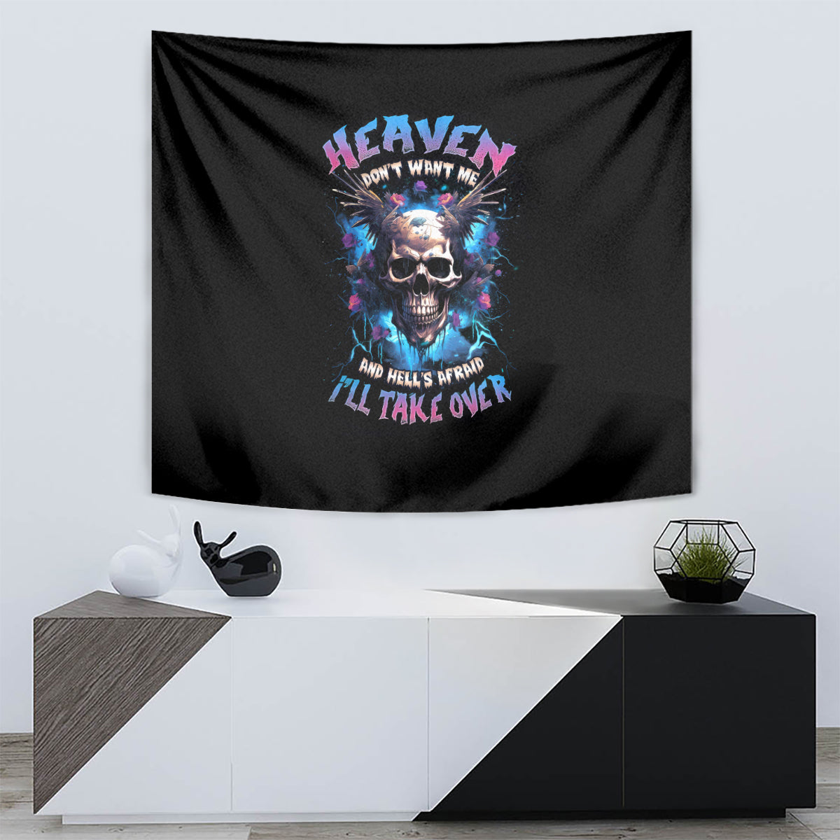 Wings Skull Tapestry Heaven Don't Want Me Hell Afraid I Take Over - Wonder Print Shop