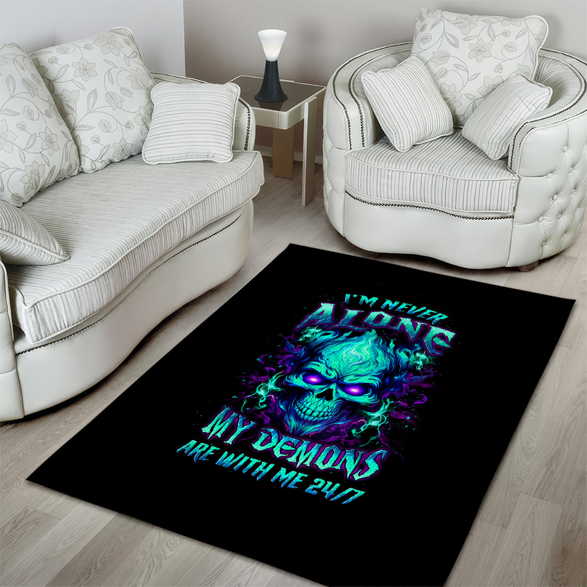 Flame Skull Area Rug I'm Never Alone My Demons With Me 24/7 - Wonder Print Shop