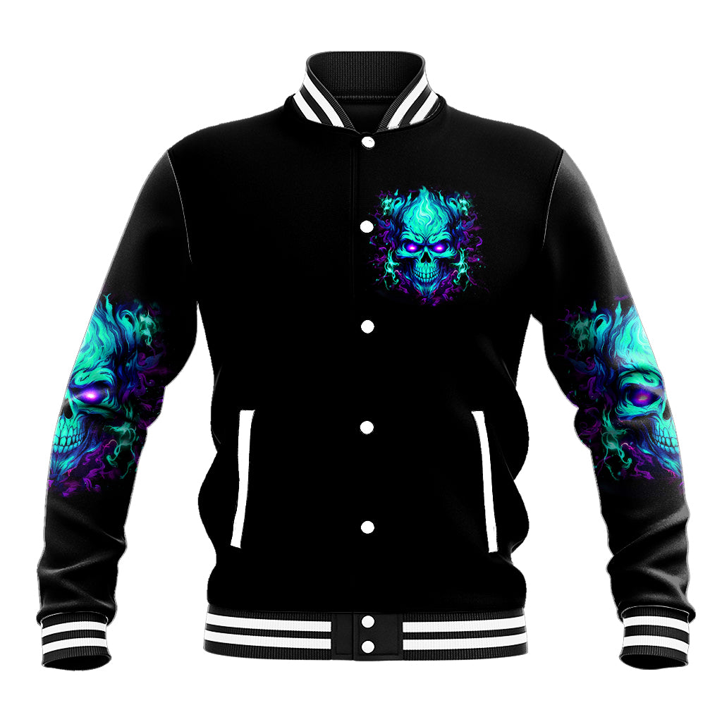 Flame Skull Baseball Jacket I'm Never Alone My Demons With Me 24/7 - Wonder Print Shop
