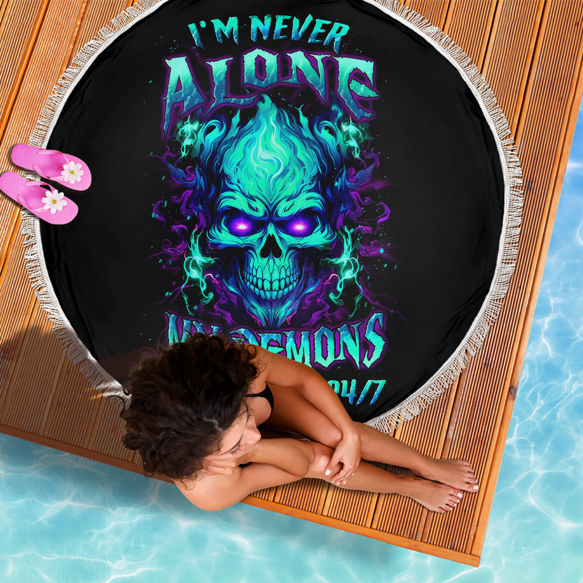 Flame Skull Beach Blanket I'm Never Alone My Demons With Me 24/7 - Wonder Print Shop