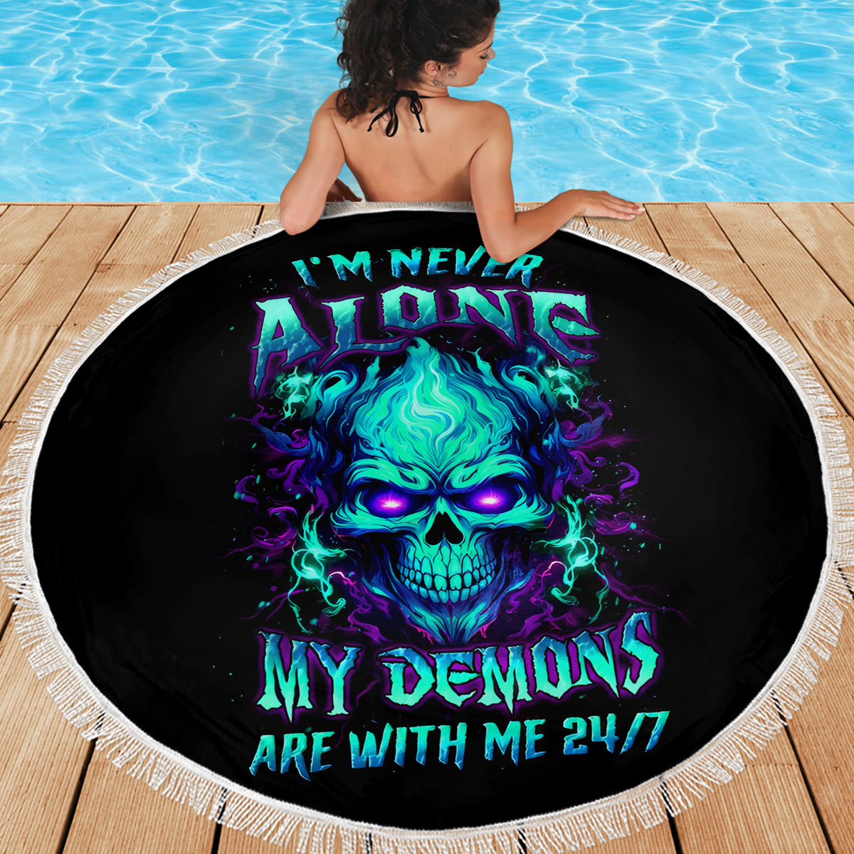 Flame Skull Beach Blanket I'm Never Alone My Demons With Me 24/7 - Wonder Print Shop