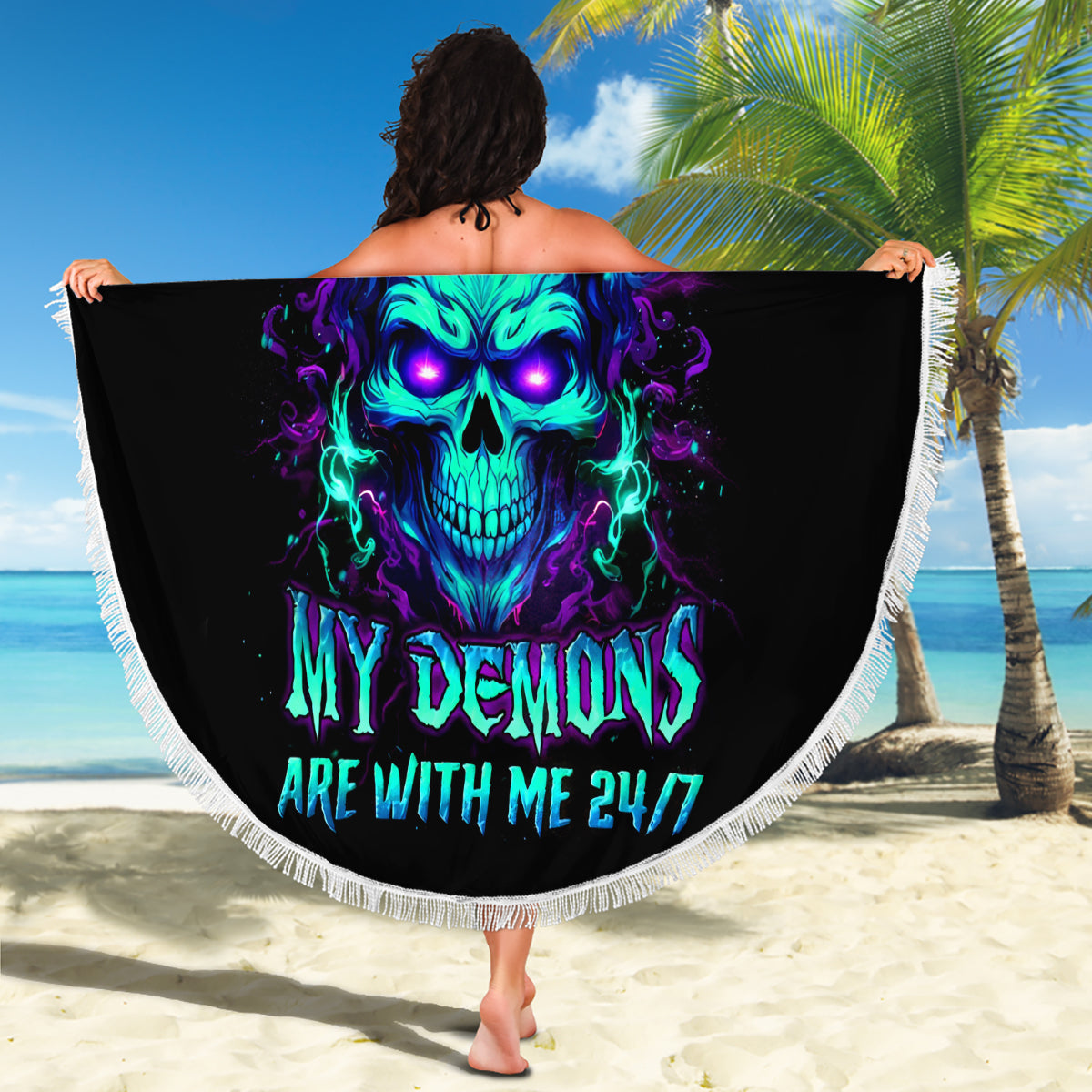 Flame Skull Beach Blanket I'm Never Alone My Demons With Me 24/7 - Wonder Print Shop